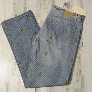 MNML Blue Striped Jeans with Yellow Floral Details